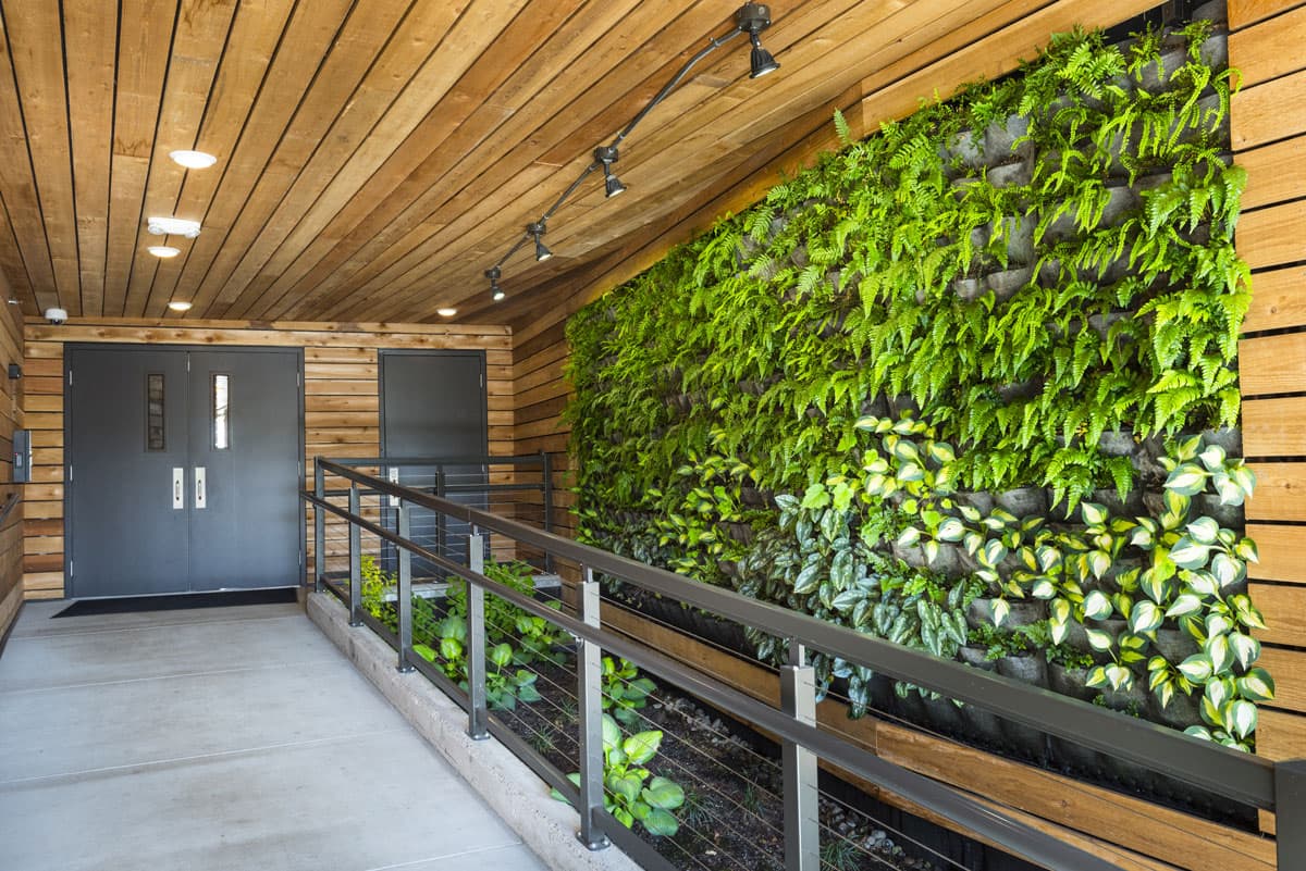 Brooklyn Yard's living wall at the entry, lining a walkway under a wood ceiling in Portland
