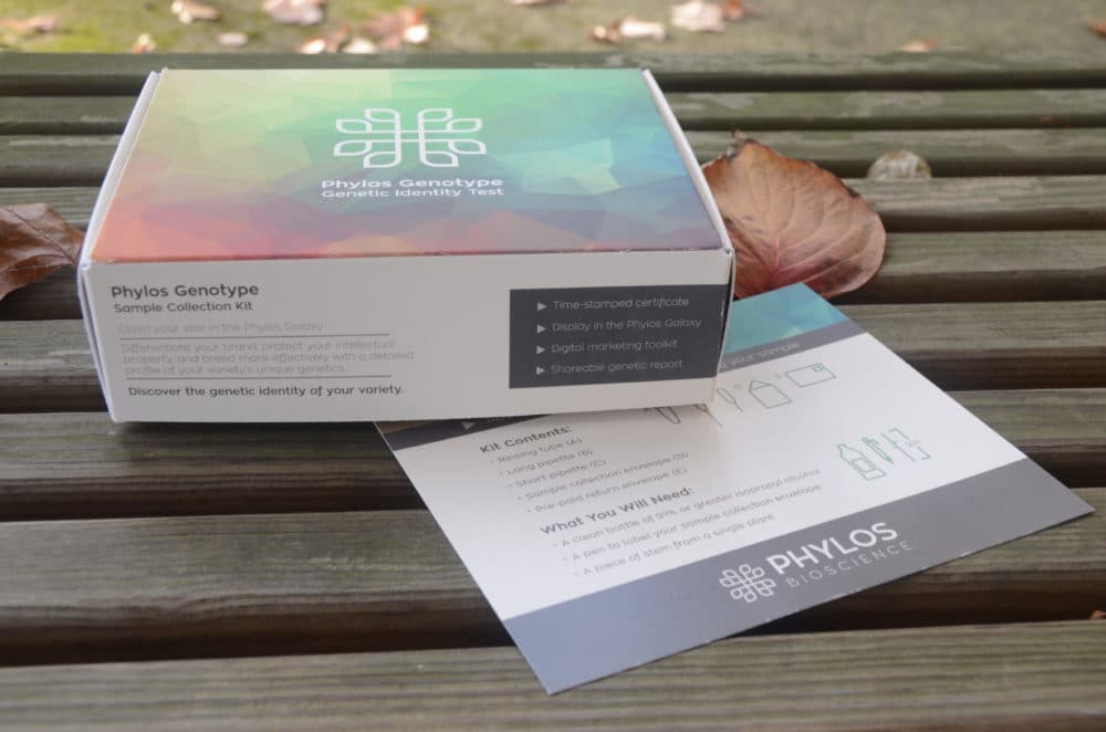 A Phylos Bioscience Genotype kit box and instruction card resting on a wooden bench