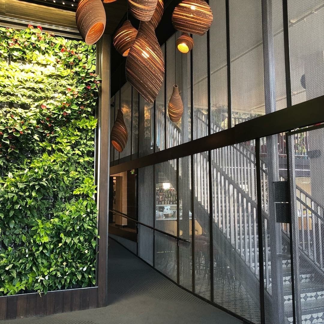 The SolTerra Building lobby in Portland with a tall living wall, wood pendant lights and a glass-walled stair