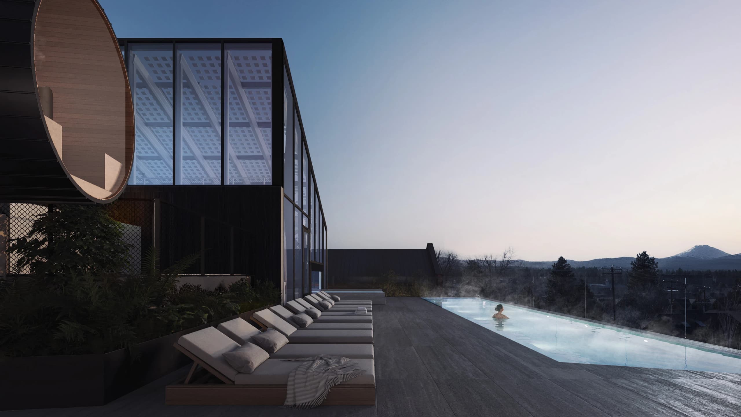 Rendering of Cascada Bend's rooftop thermal pool and loungers overlooking Cascade peaks in downtown Bend, Oregon